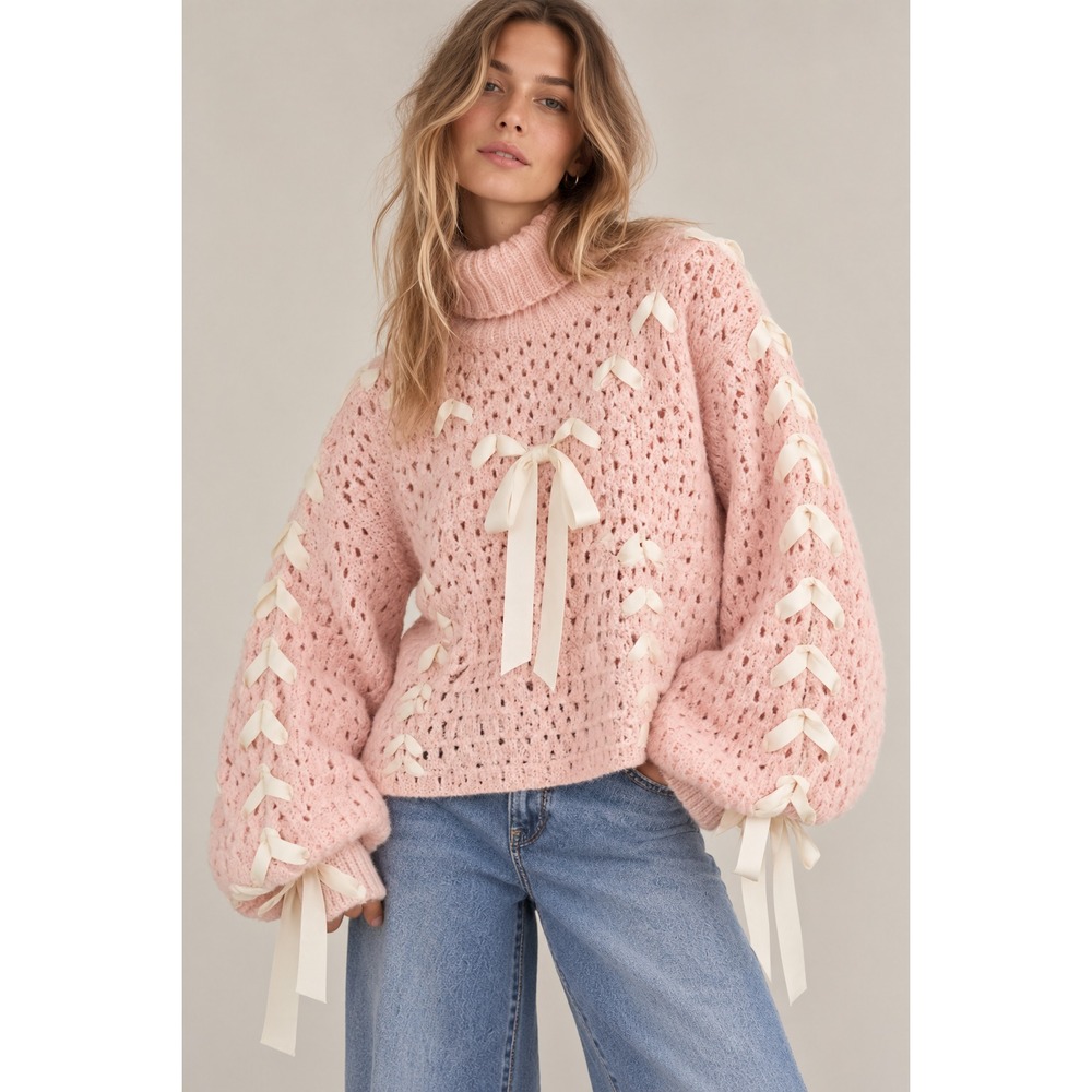 NWT For Love & Lemons Knit Liberty Sweater Sz XXS Oversized Ribbon Bow Coquette
